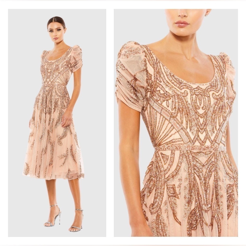 MAC DUGGAL 5434 NWOT Beige Short Sleeve Beaded A-line Tea Length Dress